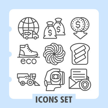 Set of nine line icons representing sustainability, ecology, finance and business growth concepts on white background. Ideal for web, digital projects and print media.