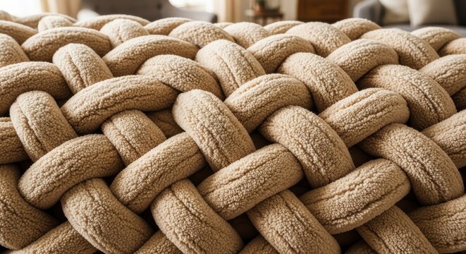 Close-up of thick, textured chunky knit chenille yarn woven into a cozy, warm fabric pattern