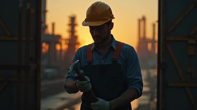 Worker in hard hat handing back tools after job loss at industrial gate at sunset, blurred factory background