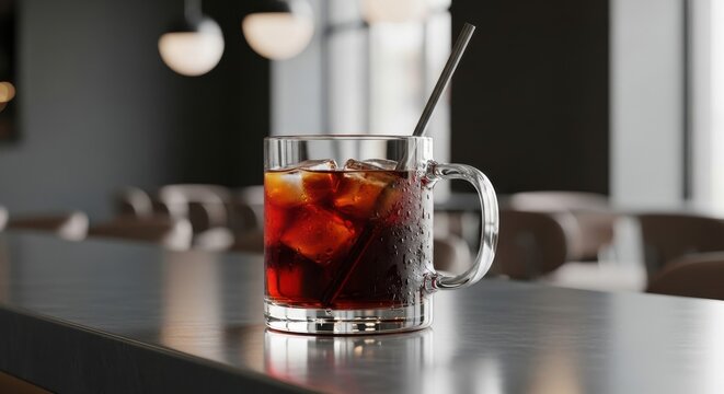 A clear glass mug filled with a cold dark beverage and ice, featuring a straw, presented on a bar surface