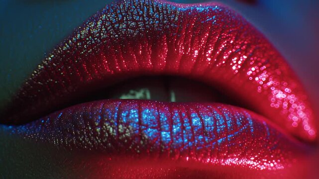 Close up of glossy shiny lips with vibrant red and blue glitter makeup in dramatic lighting