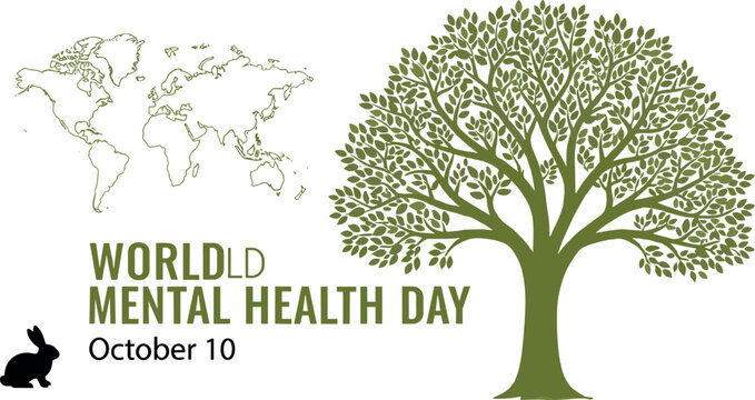World mental health day illustration with tree shaped brain concept global map and nature elements promoting awareness and wellbeing