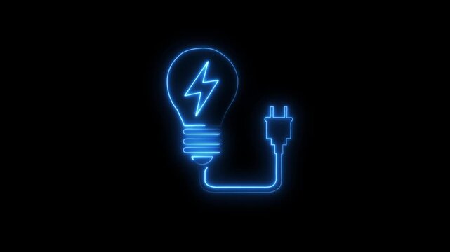 Neon light bulb with electric plug animation for energy and innovation concepts