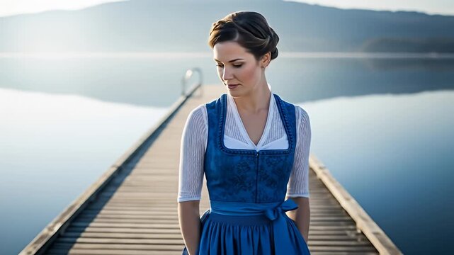 Woman in Dirndl stands on wooden pier overlooking calm water and distant mountain range