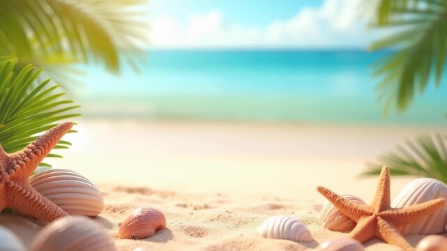 Summer beach with seashells starfish and tropical leaves border on sandy surface, ocean background