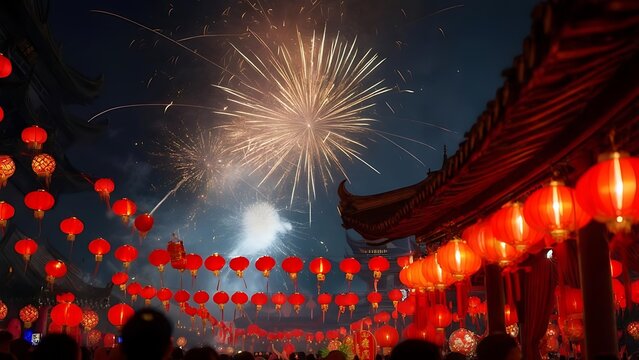 Night scene with fireworks exploding over traditional architecture adorned with glowing red lanterns. Crowd present