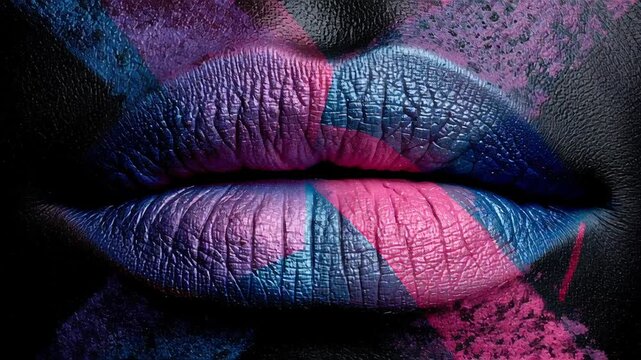 Close up of vibrant colorful painted lips with artistic makeup and texture in creative beauty concept