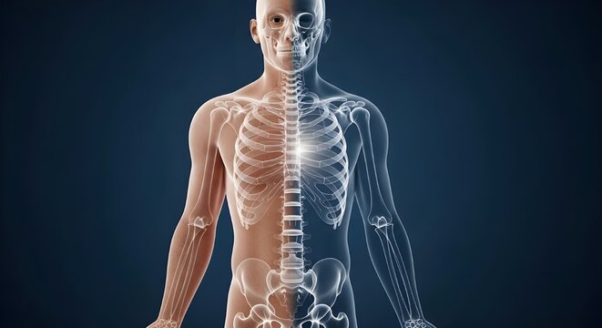 Half human body showing skin and skeleton comparison, illustrating internal and external anatomy for education