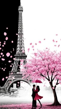 Romantic Paris scene with Eiffel Tower cherry blossom tree and dancing couple under umbrella