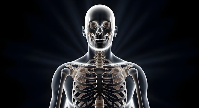 X-ray style image of human skeleton chest area, representing medical imaging and diagnostic technology