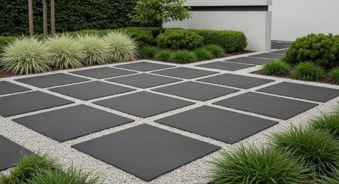 Modern Charcoal Square Pavers and Gravel Walkway in a Lush Garden Landscape Design