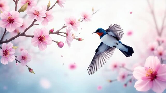 Spring background with swallows flying through blooming apple blossom branches