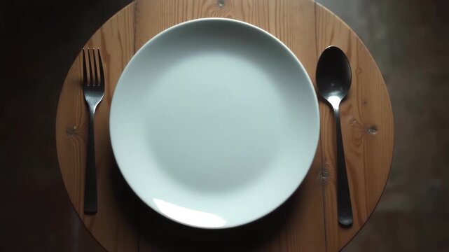 Empty dinner plate with single fork on bare wooden table