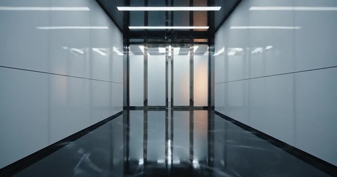 Modern empty office corridor with reflective floor and glowing lights