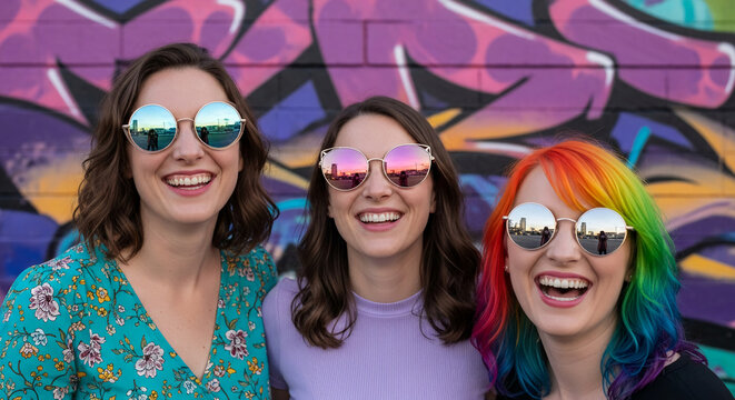Three smiling woman in reflective sunglasses against a colorful graffiti wall, representing friendship, joy, and urban lifestyle, great for fashion concept