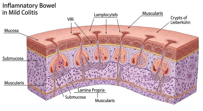 Inflammatory Bowel in Mild Colitis - Detailed Anatomical Illustration.