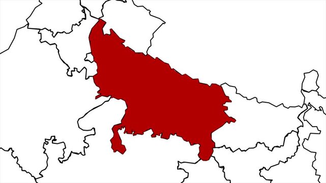 Uttar Pradesh map highlight animation video, India state location marker with pinpoint and label, geographic region infographic overlay on white background