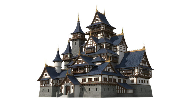 Whimsical multi tower castle with turrets.