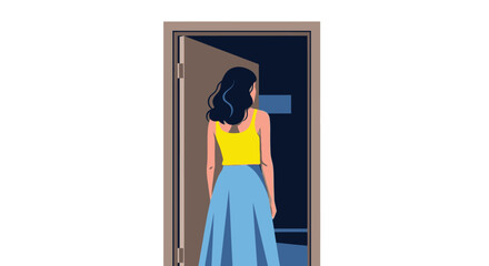 A woman in a yellow top and blue skirt stands facing an open doorway viewed from behind © Shakil
