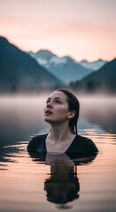 Naklejka premium Young person stands in calm water, looks up at dawn sky with mountains. It represents introspection, tranquility, and aspiration towards the future.