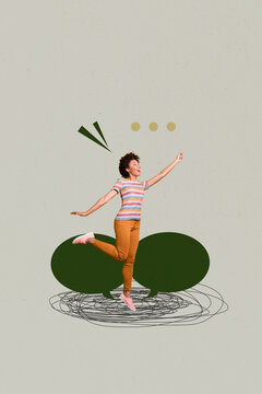 Vertical image poster photo collage of happy girl guy stand communication icon phrase correspondence speech chatterbox talk