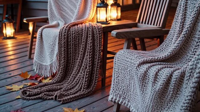 Warm Cozy Setting. Rustic Porch With Soft Blankets And Glowing Lanterns Creating Comfort. Tranquil Outdoor Space With Textured Wool Blankets And Falling Leaves Establishing Peaceful Serenity