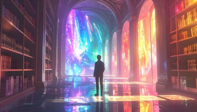 A futuristic digital world concept featuring blue data light glowing in a dark city street to represent global internet communication and technology design