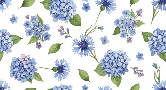 Watercolor floral pattern with blue hydrangeas and cornflowers on white background.