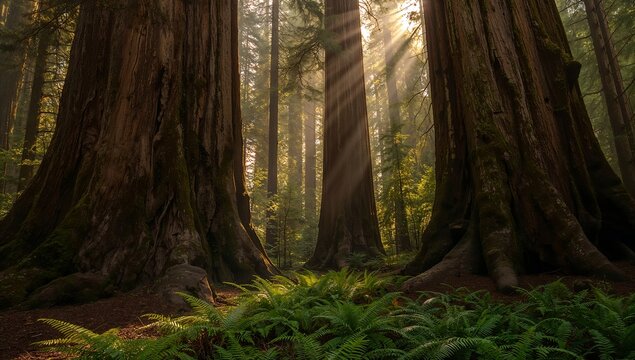 Magnificent tall redwood trees bathed in sunlight filtering through the forest canopy