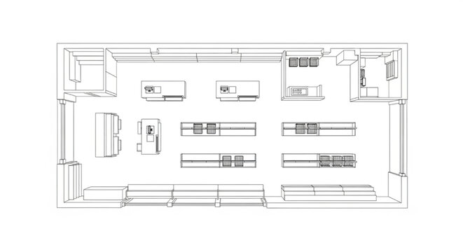 Top View Retail Store Layout Set CAD Draft, 2D Architectural Floor Plan Technical Line Drawing with Shelves, Counters, Checkout, Aisles and Baskets