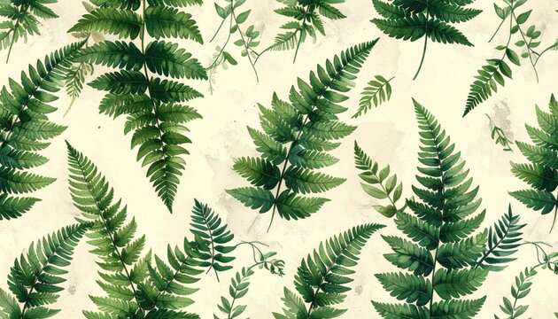 Seamless vector pattern featuring green fern leaves and cannabis foliage on a summer nature design texture