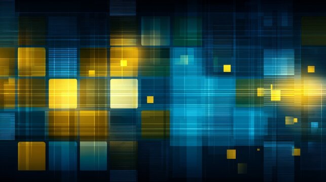 Abstract technology background with grid squares pixels blue teal yellow digital data network pattern, futuristic business concept for corporate marketing, software design and innovation