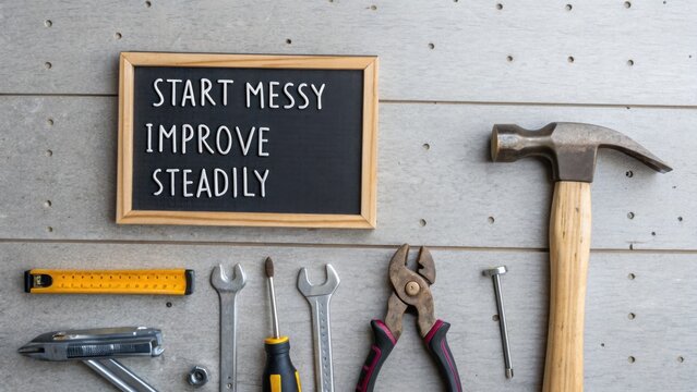 Tools and Equipment with Inspirational Quote on Chalkboard About Progress and Improvement in Craftsmanship and DIY Projects