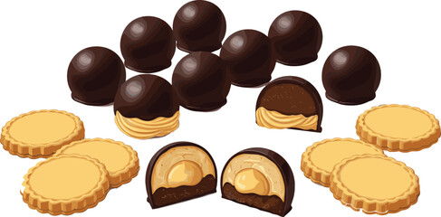 Fototapeta premium Chocolate Candies and Cookies Set with Pralines Biscuits and Sweet Dessert Treats Flat Vector Illustration Collection