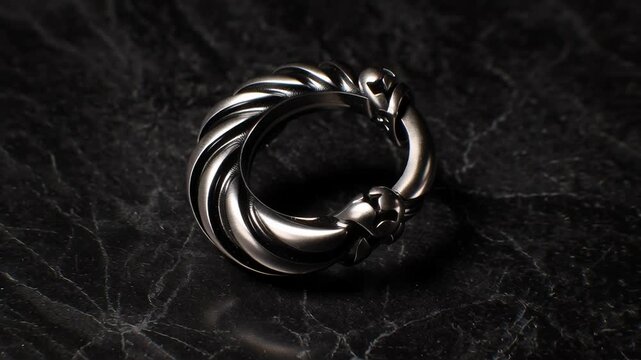 Close-up of camera lens aperture shift concept. Elegant silver ring with intricate design on black marble surface luxury jewelry accessory