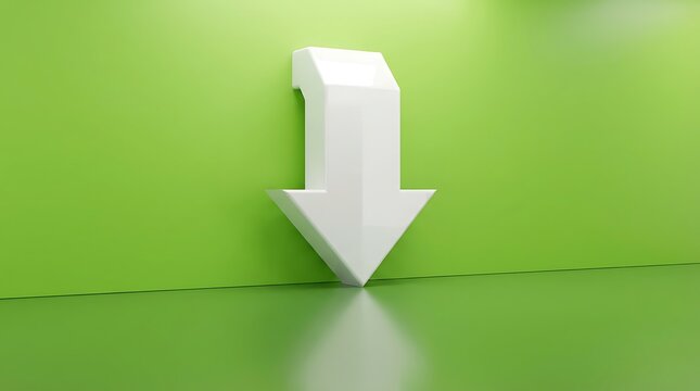 A vibrant 3d rendering of a glossy white arrow pointing downwards against a bright green background creating a striking visual