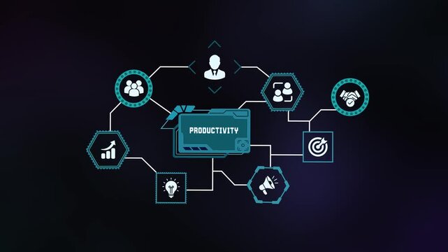 Professional productivity and time management concept with interconnected digital business icons on dark background.