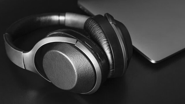 Close-up of professional over-ear headphones resting on a dark surface next to a laptop