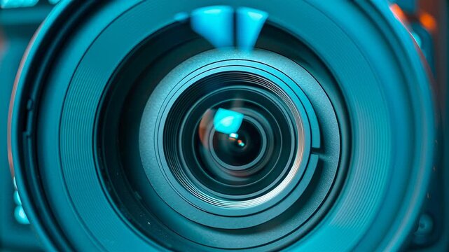 Close-up of camera lens aperture shift concept. Close up of professional camera lens reflecting light with detailed glass and metal elements