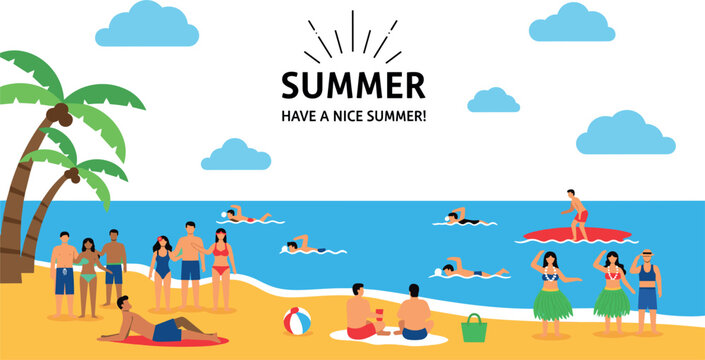 Summer beach party illustration with people swimming sunbathing surfing and dancing on tropical seaside vacation holiday scene