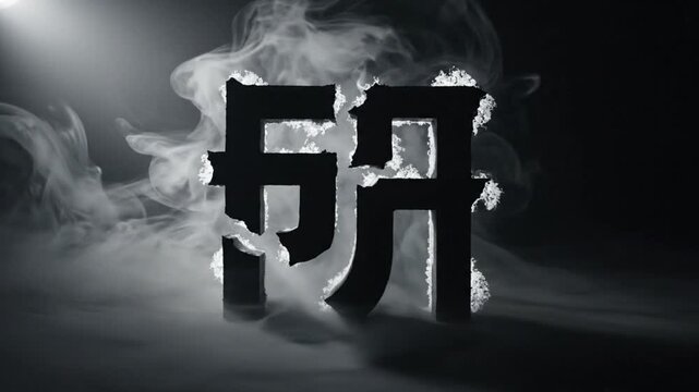 Mysterious ominous Chinese character logo reveal with fog and dramatic lighting perfect for cinematic intros
