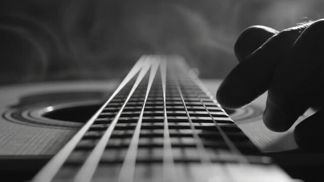 Black and white close up of a person's hands playing acoustic guitar, strings and fingerboard in focus