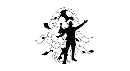 Fototapeta premium Man's silhouette celebrating amidst a swirling vortex of papers, symbolizing success and achievement