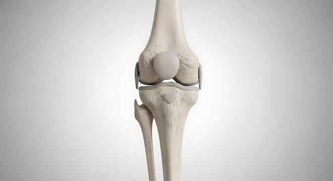 Detailed skeletal knee joint anatomy illustration for medical study.