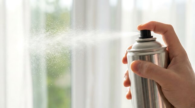 A hand sprays aerosol paint from a silver can towards a sheer white curtain and blurred background