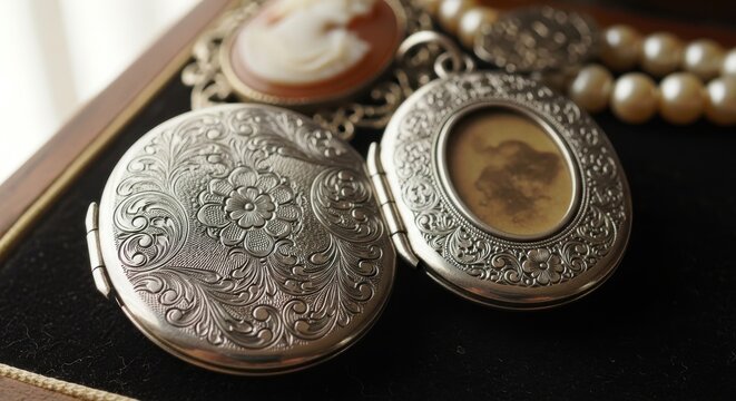 Intricate antique silver locket with detailed floral engraving and a cameo in a vintage collection