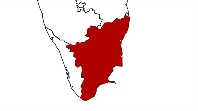 Tamil Nadu map highlight animation video, India state location highlight, geographic region map with red color fill, educational and infographic overlay in video format