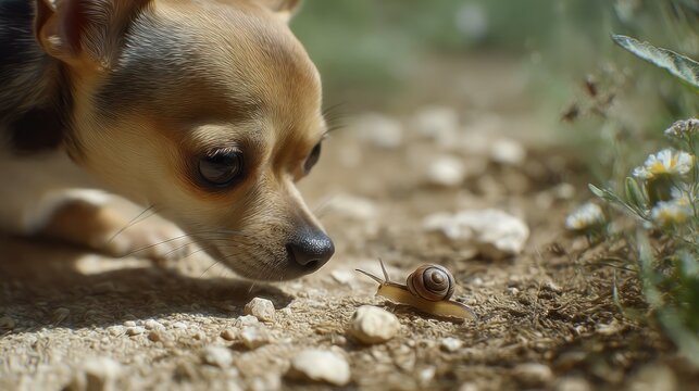 Small brown chihuahua dog sniffing a little garden snail on the dusty gravel ground path