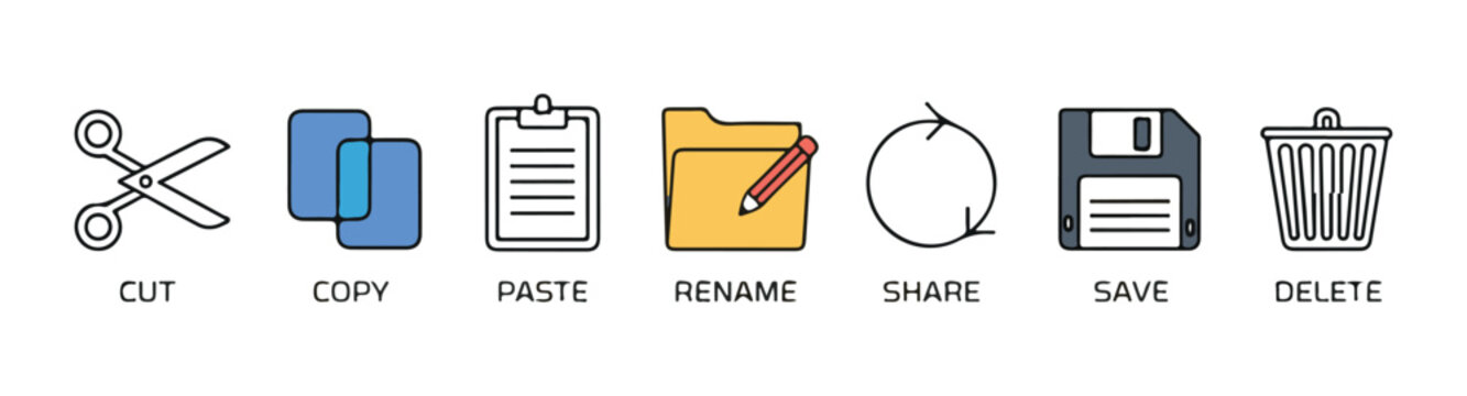 File management icon collection showing cut copy paste rename share save and delete operations with colors.