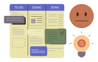 Productivity, project planning, motivation, workflow organization, decision-making, team collaboration. Kanban board labeled To Do, Doing Done alongside a lightbulb and a neutral face. Productivity © robu_s